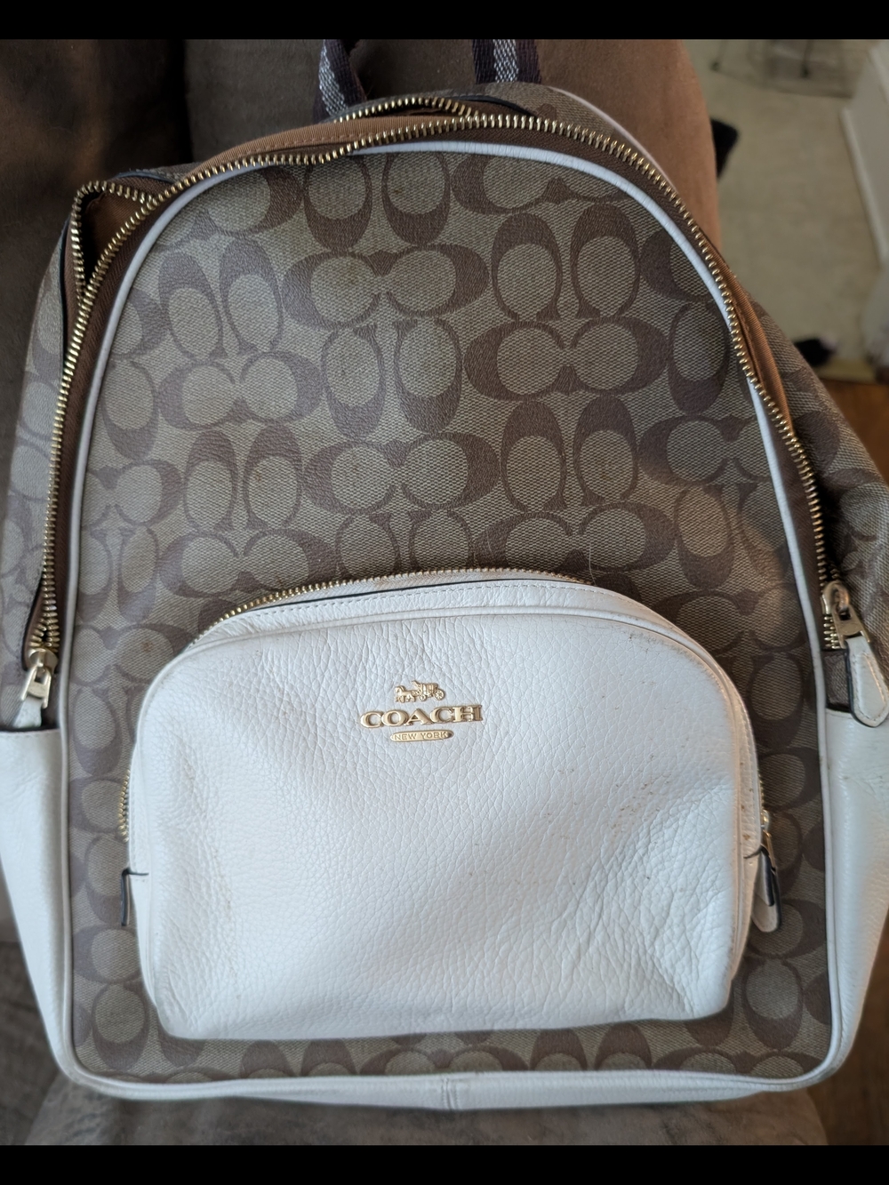 Coach Brown Signature Canvas Backpack with White Leather Pocket